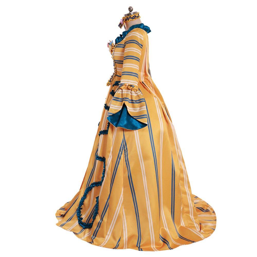 Robe de Mariée Rococo Jaune du 18e Siècle - Élégance Rayée avec Fleurs Bleues