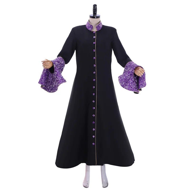 Robe de Prêtresse Médiévale Costume Femme - Manches Trompette Noire Cassock Clergé avec Cape | Série Cosplay L'AniMirage