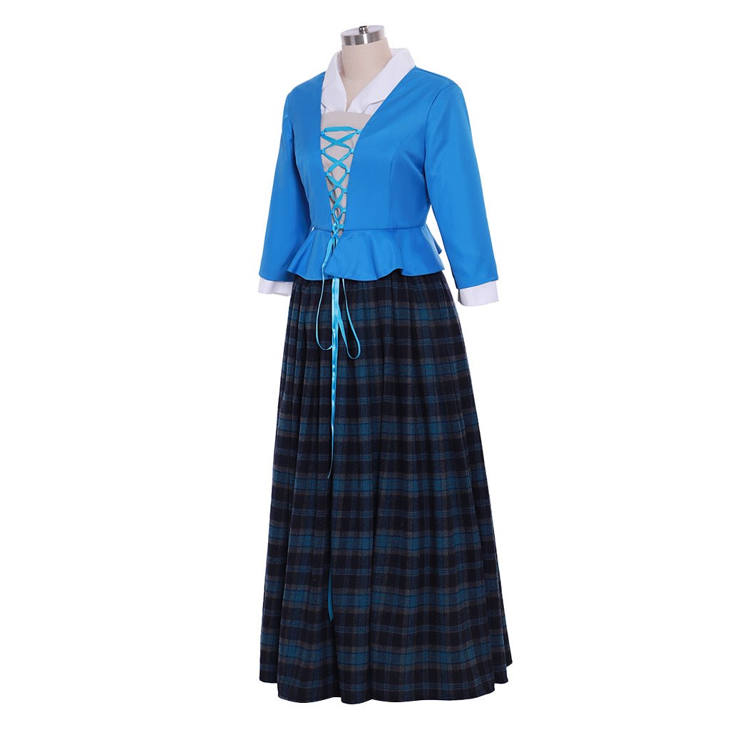 Costume Cosplay Claire Outlander - Robe Écossaise Haute Bleue avec Jupe Plissée