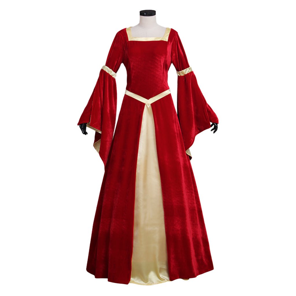 Robe Médiévale en Velours Rouge et Jaune à Manches Trompette | Costume pour Mariage et Fêtes Fantaisie