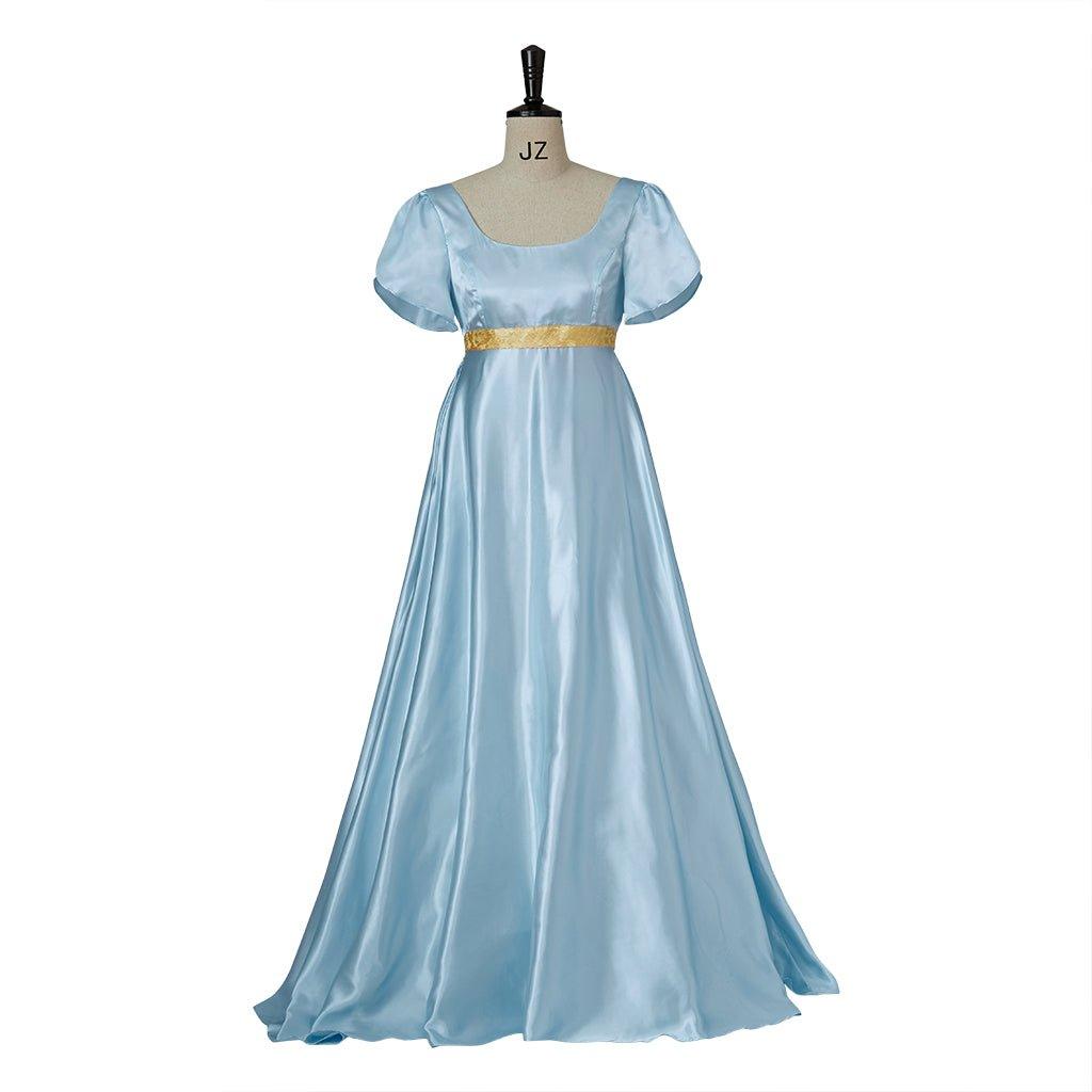 Robe Régence Médiévale Costume Cosplay Bridgerton Bleu Clair avec Ceinture Dorée