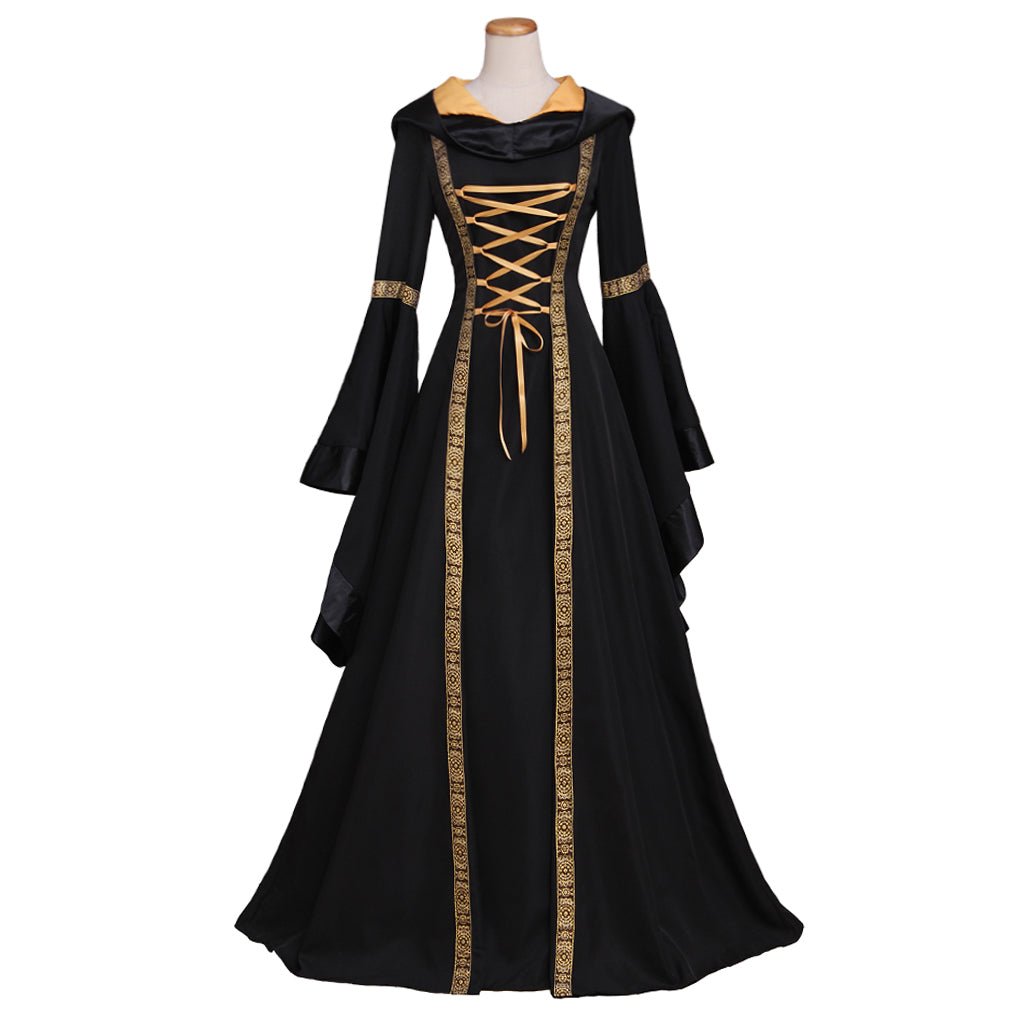 Robe longue gothique médiévale Renaissance à capuche noire pour femmes - Costumes de bal d'Halloween sur mesure