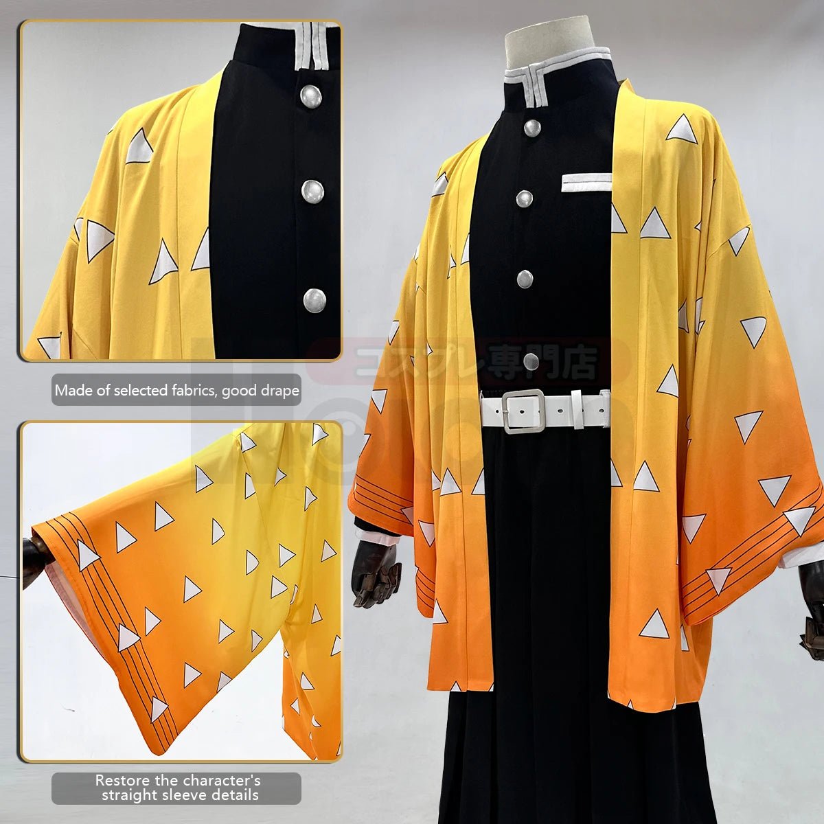 Costume Cosplay Agatsuma Zenitsu de Demon Slayer - Perruque, Haori Brodé, Pantalon Élastique, Ceinture et Filet Rose - Idéal pour Halloween, Noël