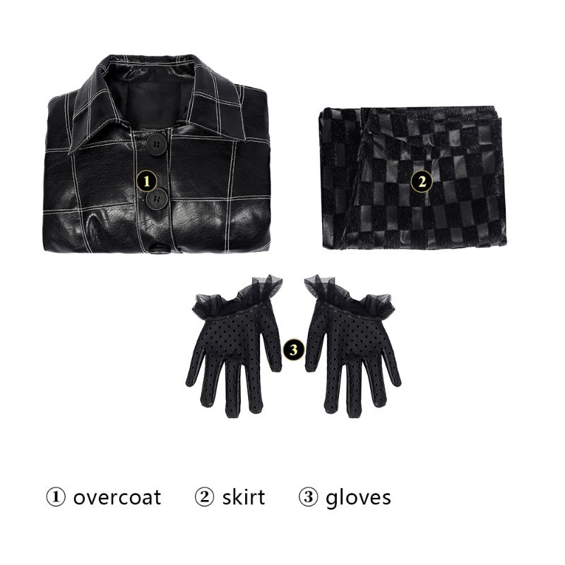 Costume Cruella Deville Robe Femme avec Veste en Cuir Noir et Perruque pour Halloween