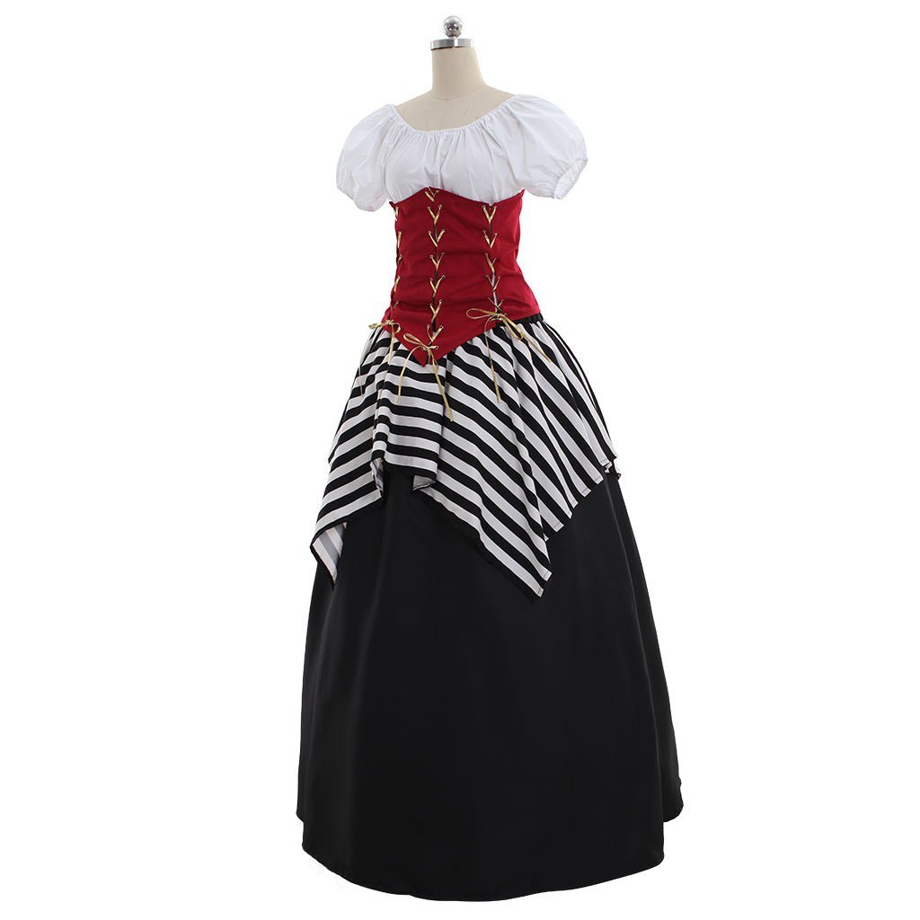 Robe Corset Pirate Médiévale Renaissance Victorienne Rouge et Noir pour Cosplay, Halloween et Fêtes Carnavalesques