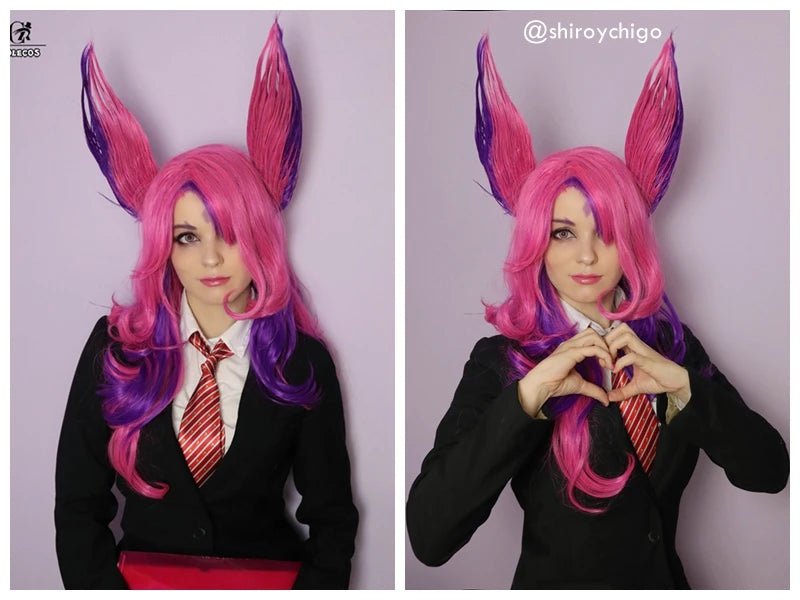 Perruque Cosplay LOL Star Guardian Xayah Les Rebelles 65cm Longue Rose Violette avec Oreilles Cheveux Synthétiques Résistants à la Chaleur