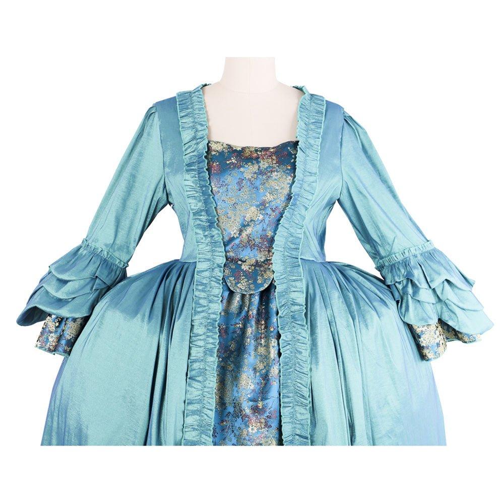 Robe Rococo Bleue du 18ème Siècle - Brocart Bleu Foncé avec Broderie et Dentelle