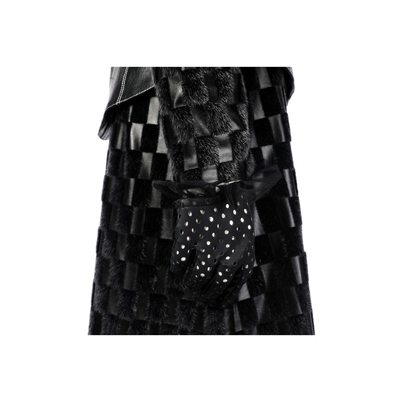 Costume Cruella Deville Robe Femme avec Veste en Cuir Noir et Perruque pour Halloween