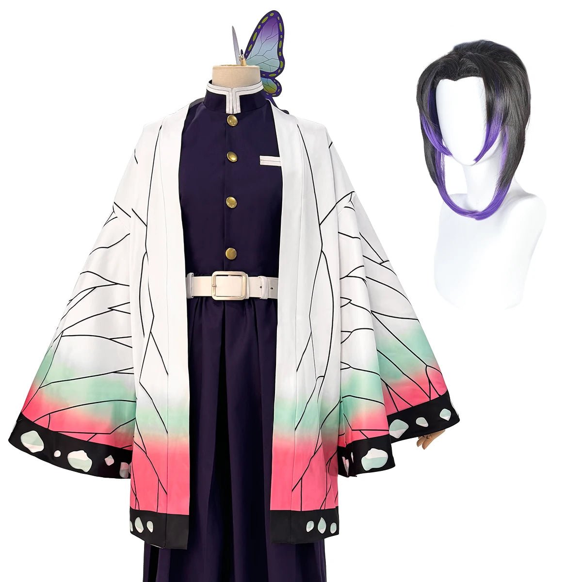 Costume Cosplay Anime Kochou Shinobu avec Perruque, Broderie, Haut Violet, Pantalon, Haori et Ceinture Papillon
