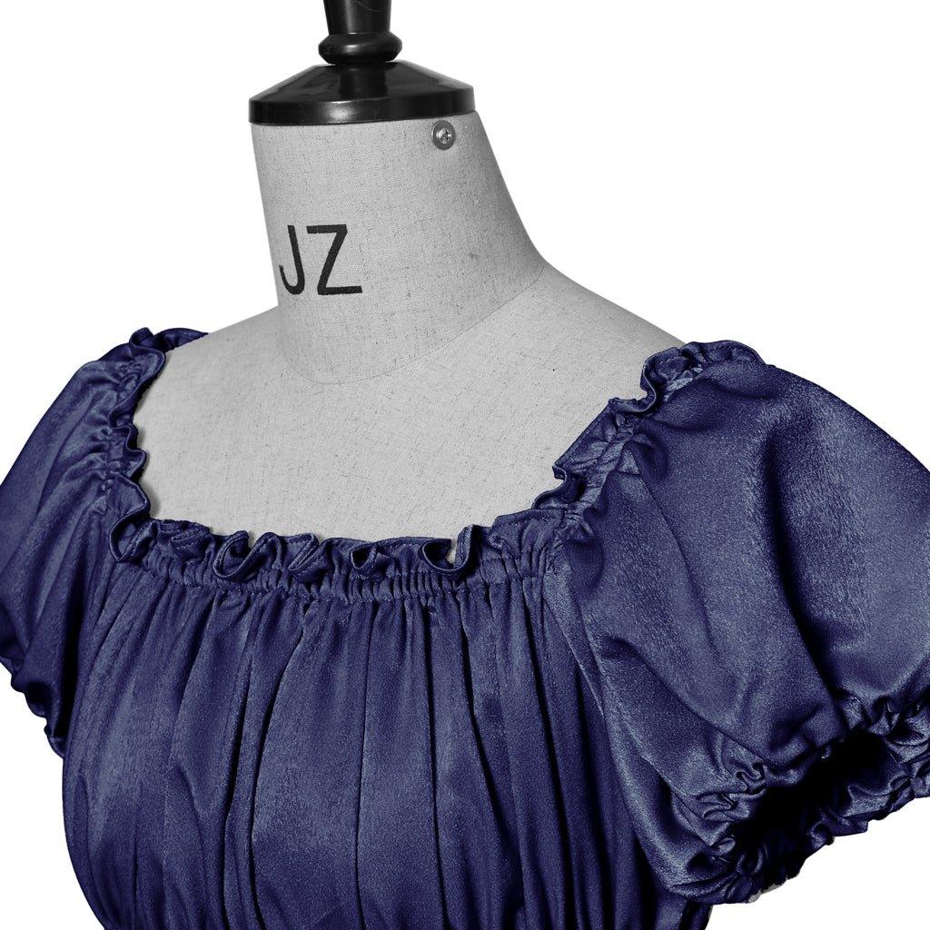 Robe Empire Médiévale Traditionnelle - Costume Bridgerton en Tissu Soie Bleu Fer