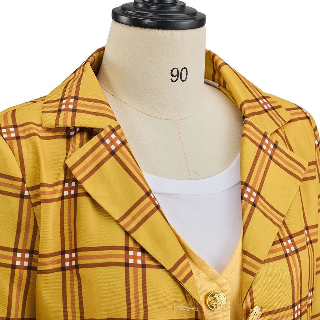 Costume Cosplay Cher Horowitz de Clueless - Uniforme Scolaire Jaune a Carreaux - Veste T-Shirt Gilet Jupe