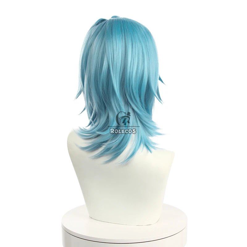 Perruque Cosplay Jeu Genshin Impact Eula 50cm Bleu Accessoire Tête Eula Résistante à la Chaleur Cheveux Synthétiques