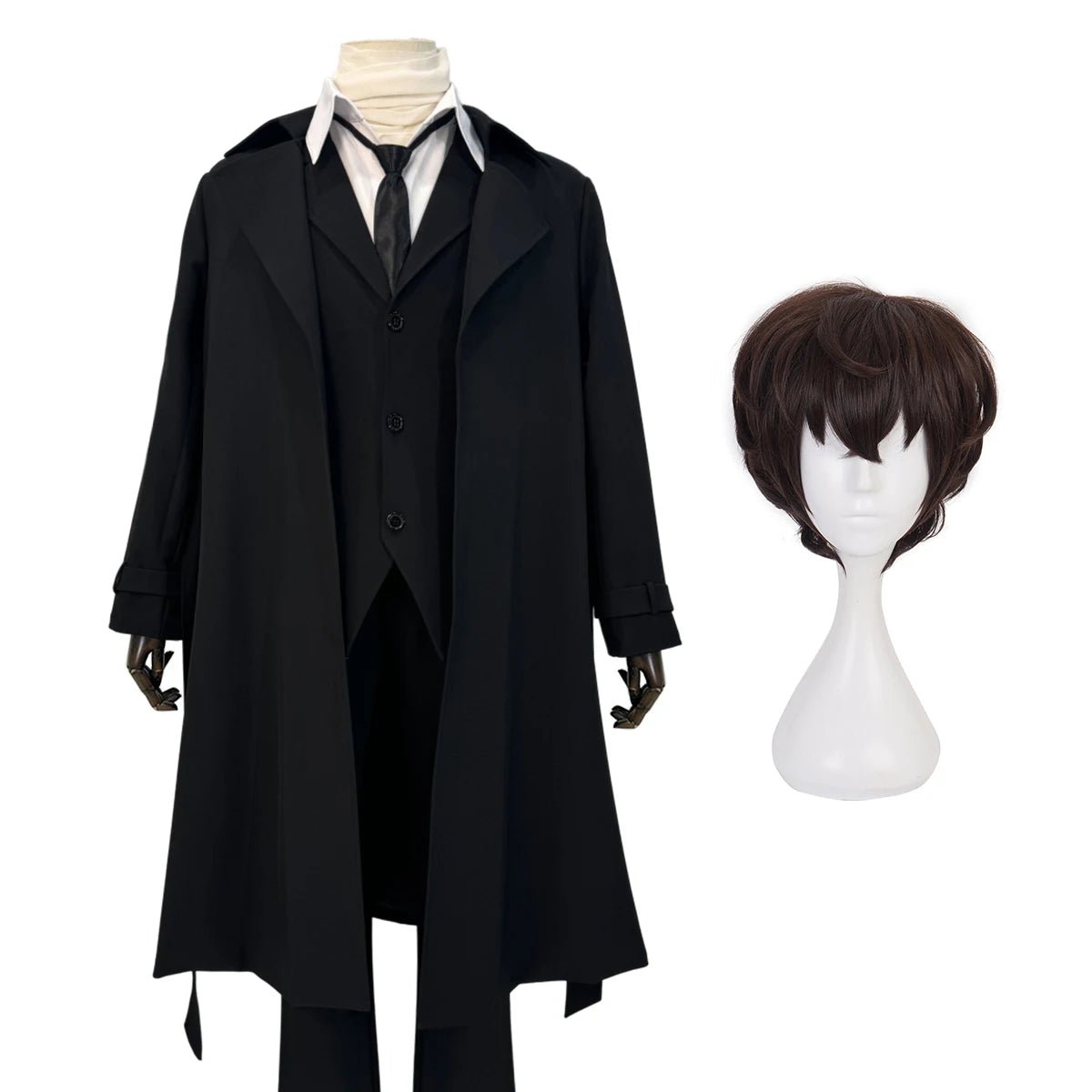 Costume Cosplay Dazai Osamu Bungo Anime - Manteau à Doublure Noire, Pantalon Élastique, Chemise, Cravate