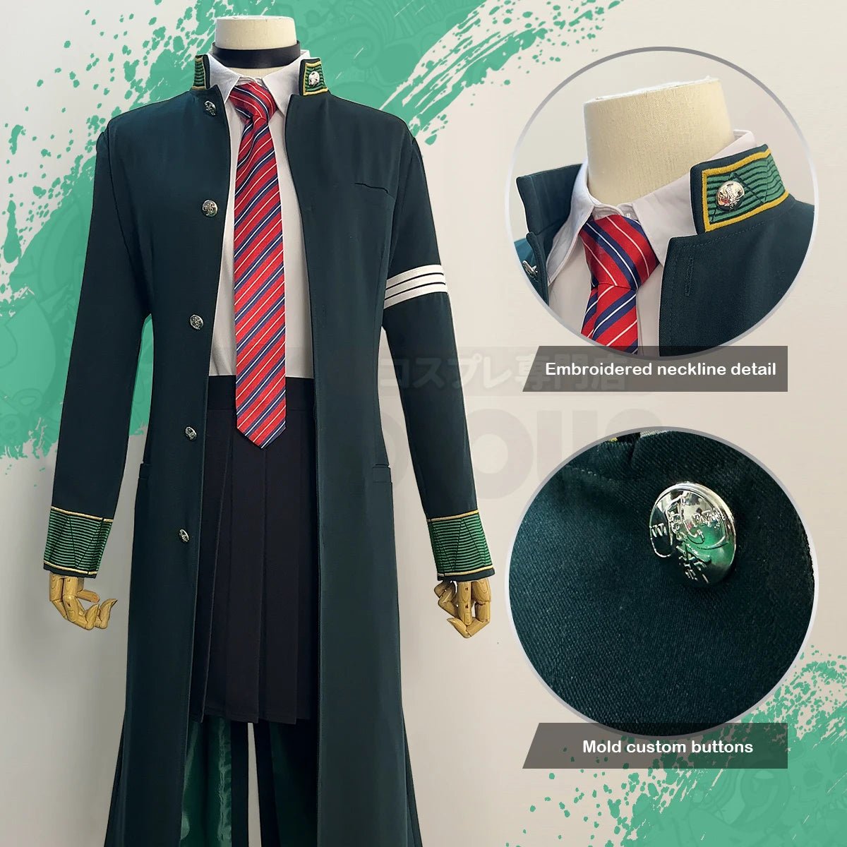 Costume Cosplay Tasuku Tsubakino de Wind Breaker - Veste Trench Verte, Perruque, Chemise Blanche, Choker, Cravate, Nœud Papillon