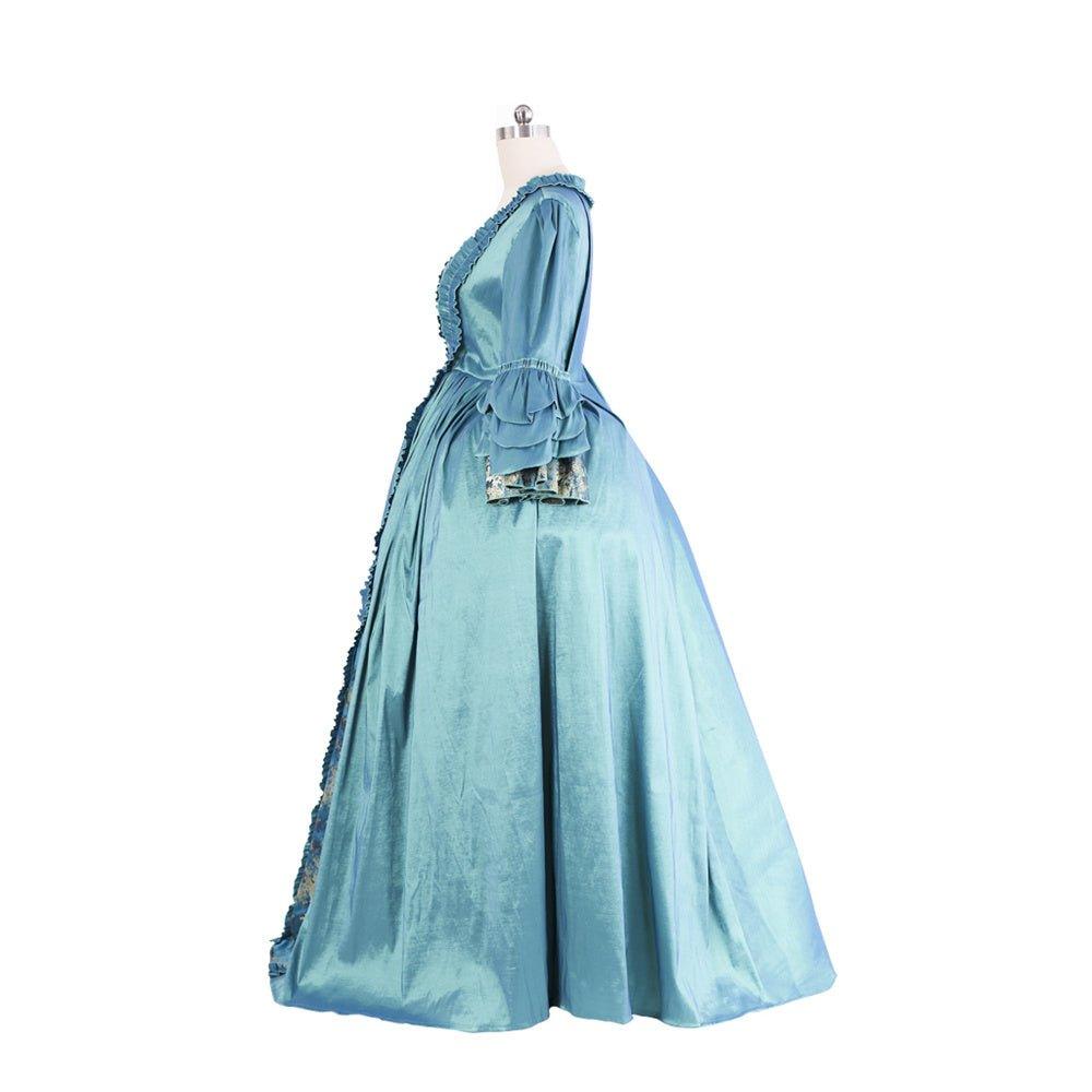 Robe Rococo Bleue du 18ème Siècle - Brocart Bleu Foncé avec Broderie et Dentelle