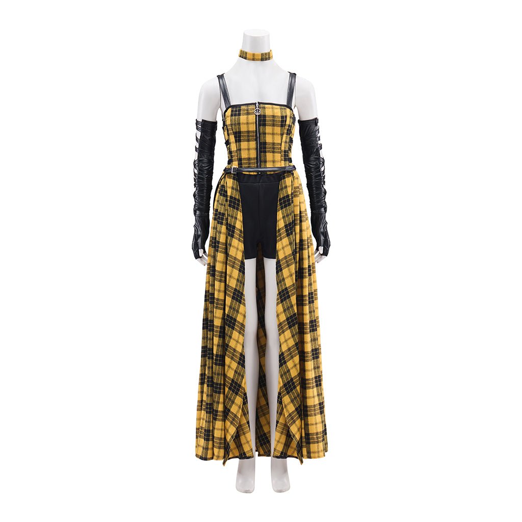 Robe Longue Punk Rock Femme Jaune à Carreaux avec Manches en Cuir