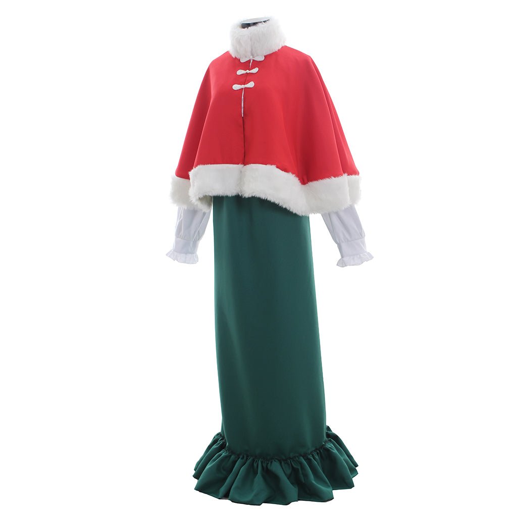 Robe Cosplay Vintage Médiévale Victorienne Rouge & Verte avec Chapeau Haut de Forme pour Halloween et Noël