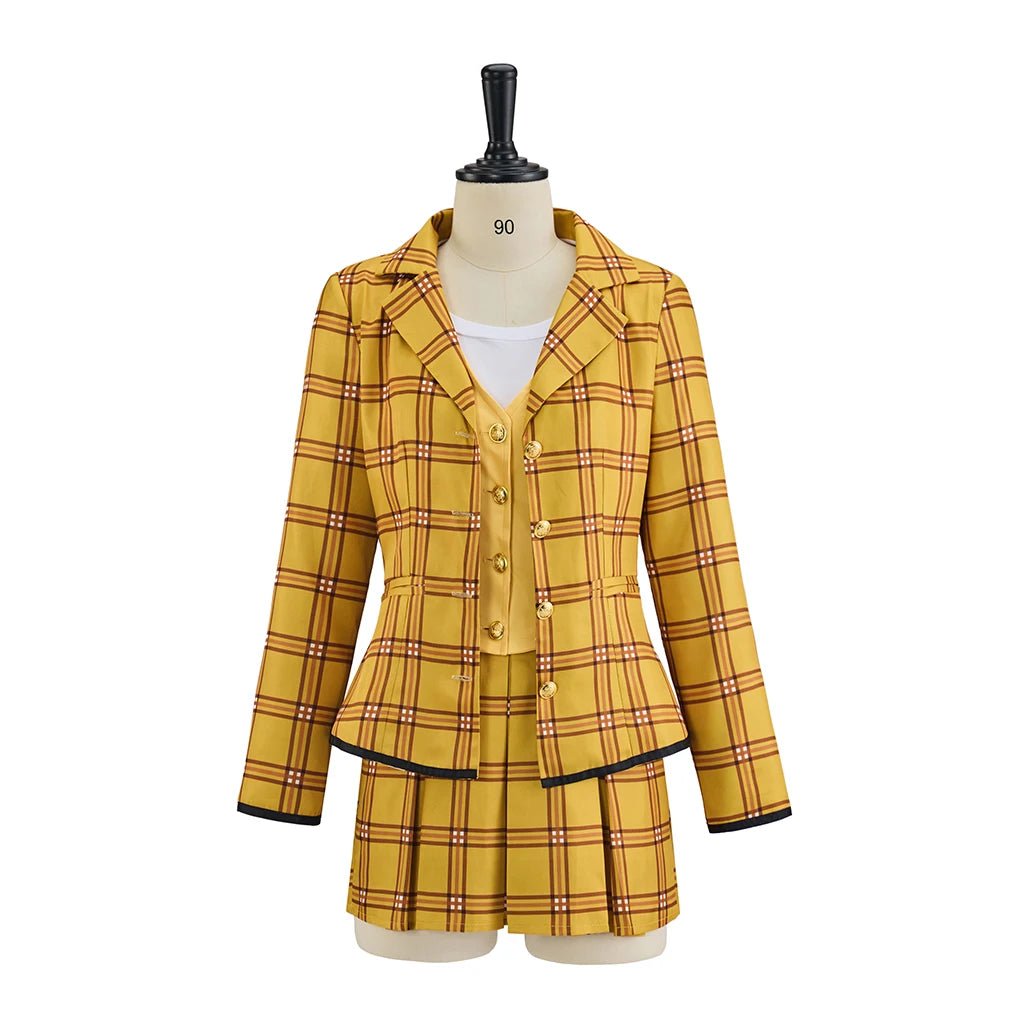 Costume Cosplay Cher Horowitz de Clueless - Uniforme Scolaire Jaune a Carreaux - Veste T-Shirt Gilet Jupe