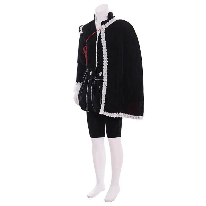 Costume Médiéval Roi Tudor - Robe Élisabéthaine Noire avec Cape | Tenue Cosplay Renaissance