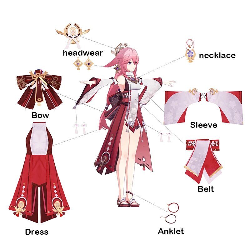 Costume Cosplay Yae Miko Genshin Impact - Tenue Complète avec Coiffe pour Femme