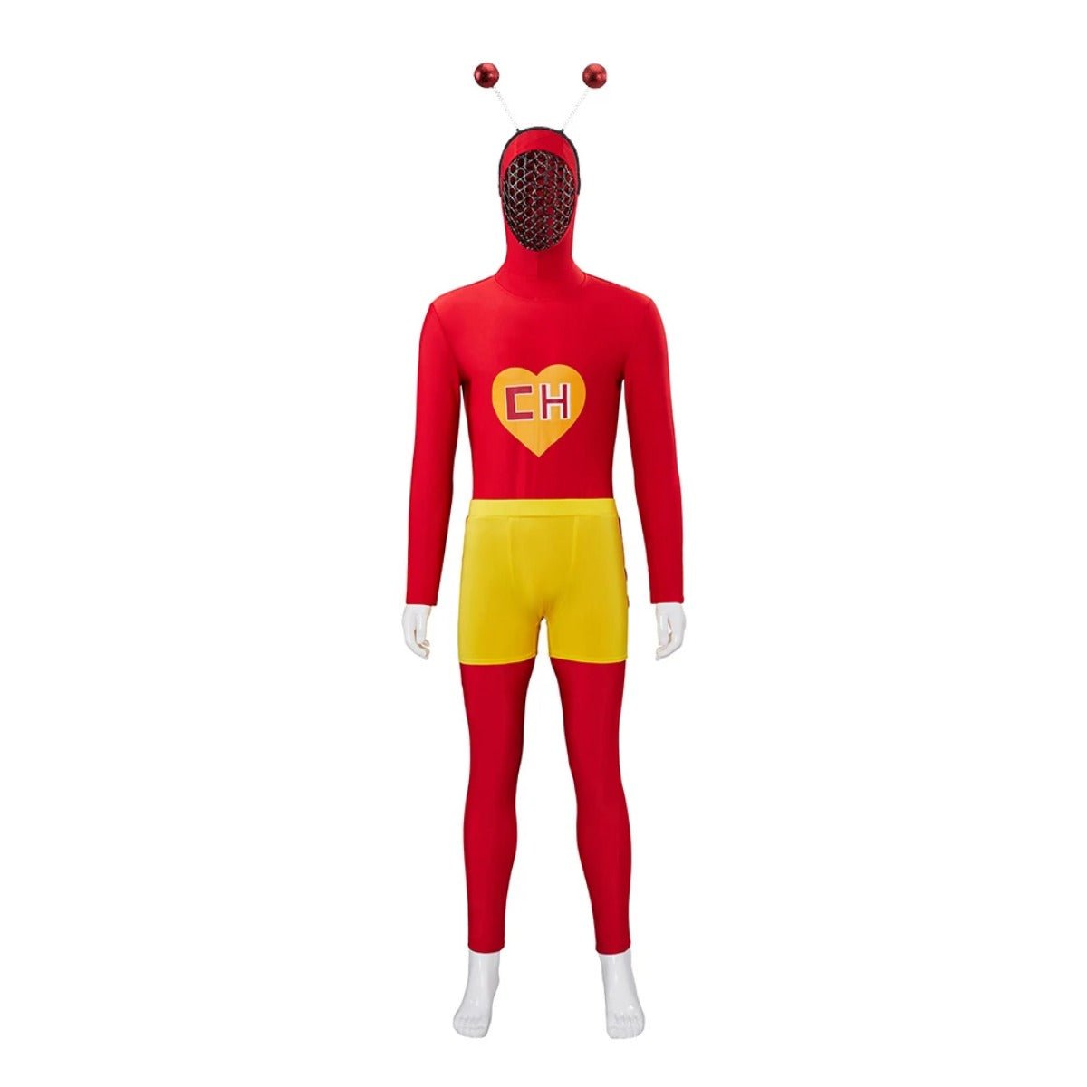 Costume El Chapulin Colorado Combinaison Rouge Imprimé Cœur pour Halloween Cosplay