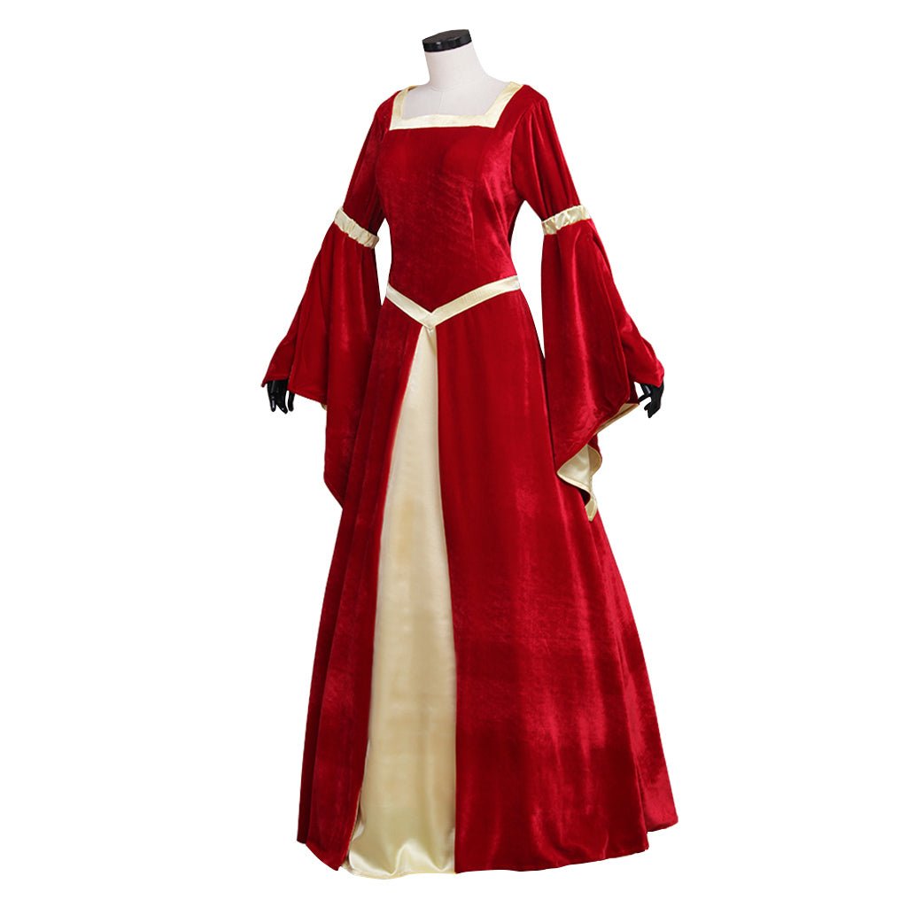 Robe Médiévale en Velours Rouge et Jaune à Manches Trompette | Costume pour Mariage et Fêtes Fantaisie