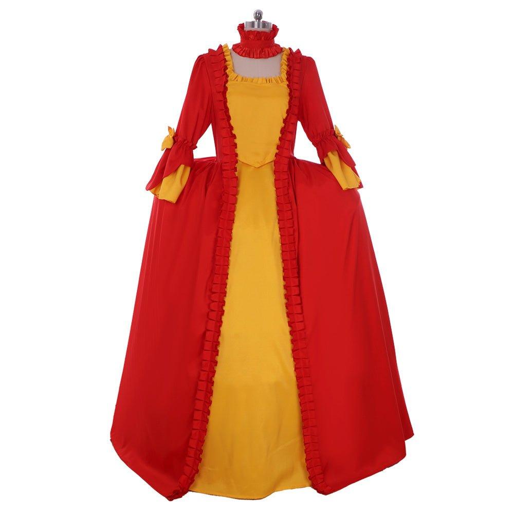 Robe Rococo Rouge et Jaune du 18ème Siècle - Un Costume Vif Inspiré de Marie Antoinette