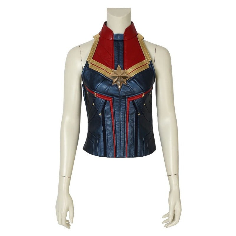 Costume Cosplay Captain Marvel Bleu Métallique Cuir PU – Parfait pour les Fans de Marvel