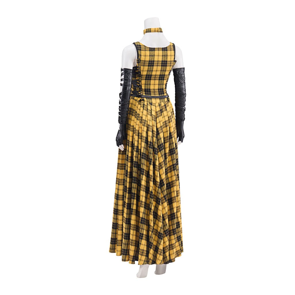 Robe Longue Punk Rock Femme Jaune à Carreaux avec Manches en Cuir