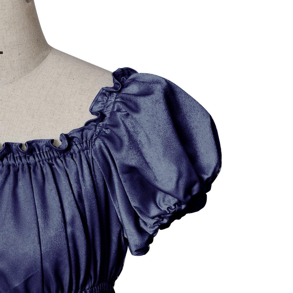 Robe Empire Médiévale Traditionnelle - Costume Bridgerton en Tissu Soie Bleu Fer