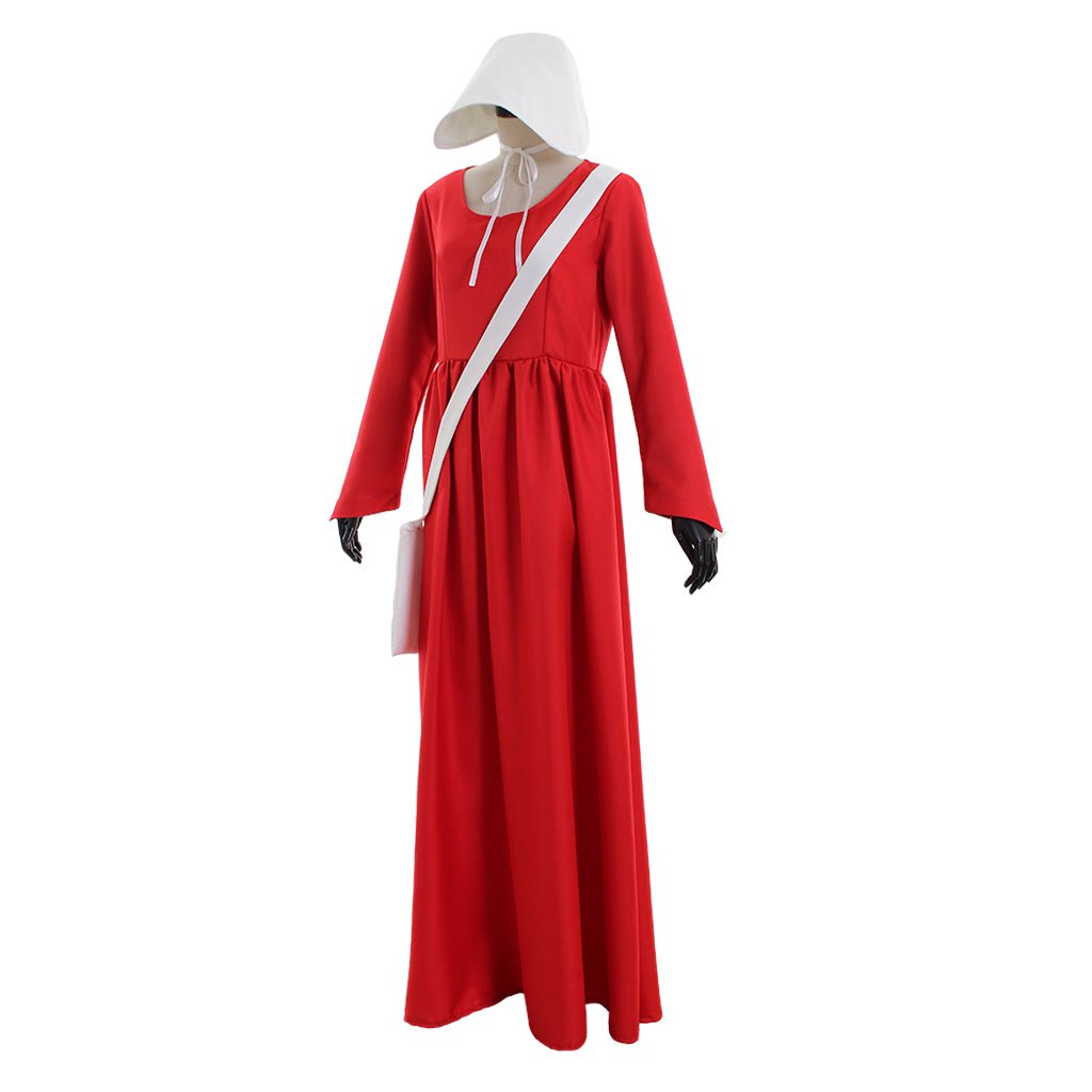 Costume Cosplay La Servante Écarlate – Cape et Robe Rouge d'Offred avec Bonnet Blanc et Sac pour Femmes