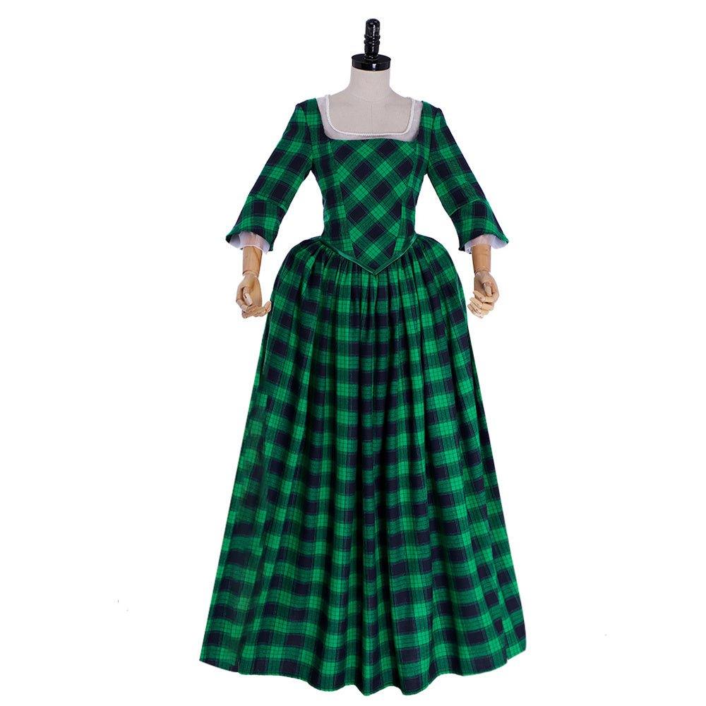 Robe Rococo Marie Antoinette du 18ème Siècle - Vert et Noir à Carreaux avec Dentelle