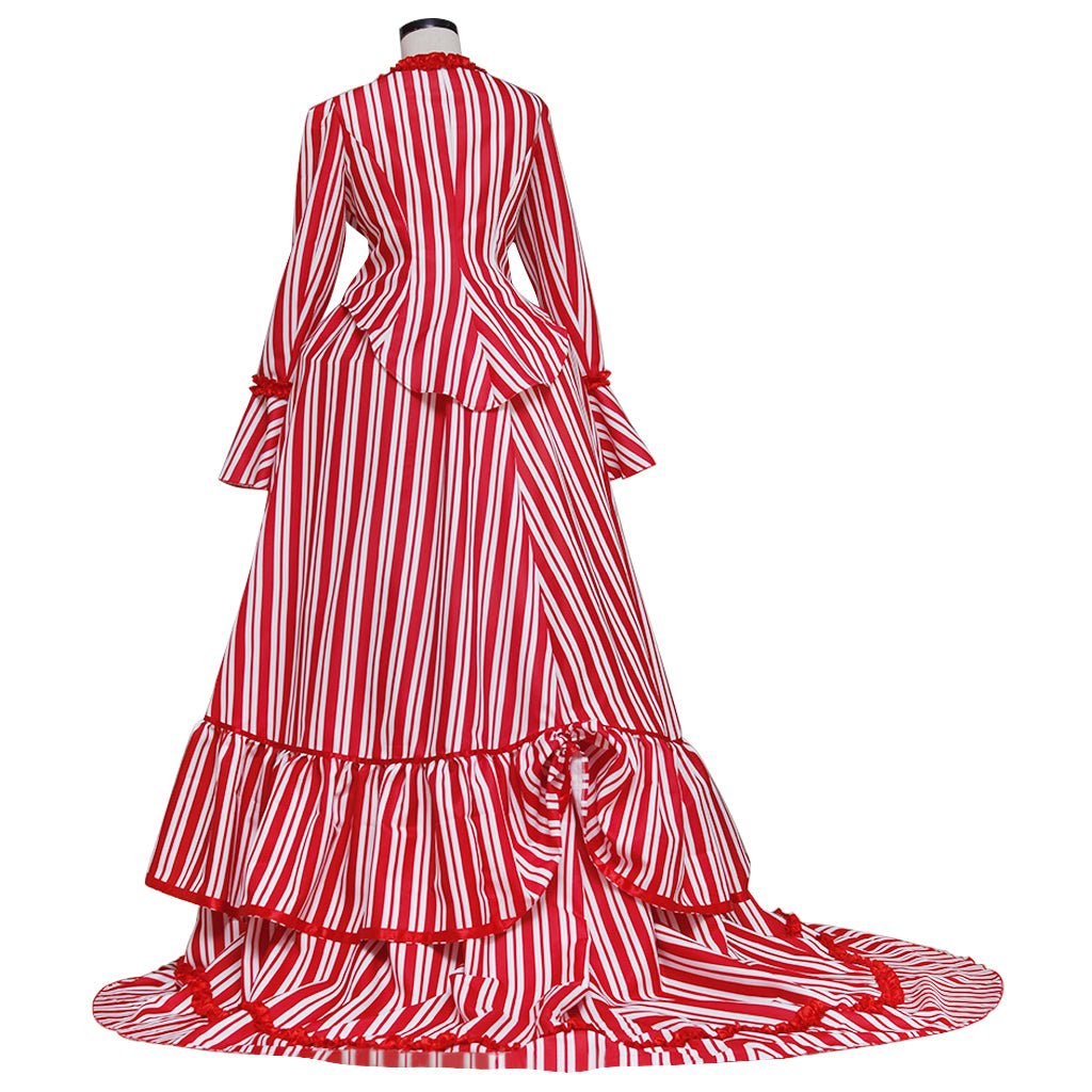 Costume Cosplay Mrs. Lovett Sweeney Todd – Robe Victorienne à Tournure Rayée Rouge et Blanche pour Femmes