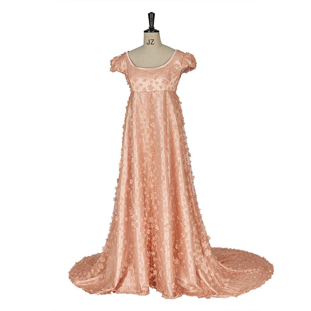 Robe Regency en Soie à Motifs Champagne Orange pour Cosplay Bridgerton, Événements