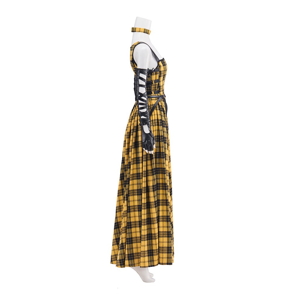 Robe Longue Punk Rock Femme Jaune à Carreaux avec Manches en Cuir