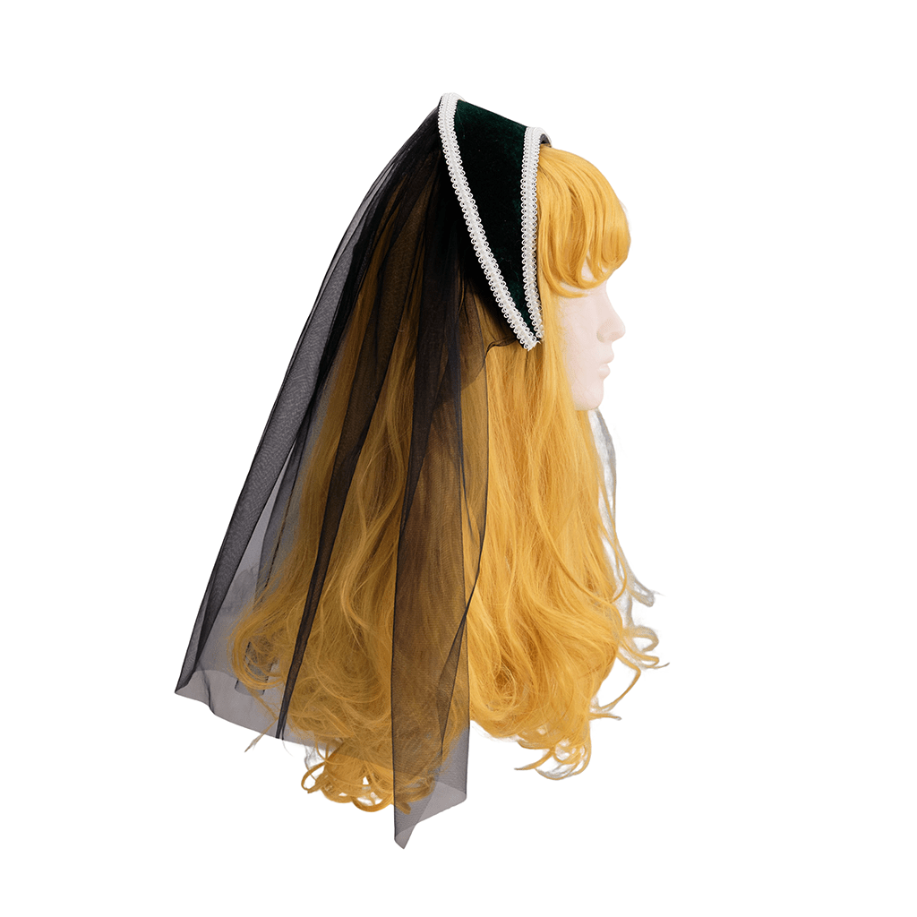Chapeau Tudor Bleu avec Voile Noir Costume Cosplay – Élégant Couvre-chef Historique Renaissance pour Reconstitutions et Événements Thématiques