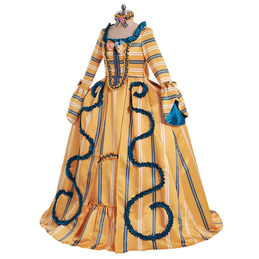 Robe de Mariée Rococo Jaune du 18e Siècle - Élégance Rayée avec Fleurs Bleues