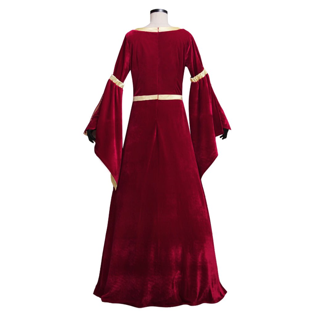 Robe Médiévale en Velours Rouge Foncé Doublée de Jaune avec Manches Trompette pour Femmes | Robe de Mariée, Costume de Fête d'Halloween