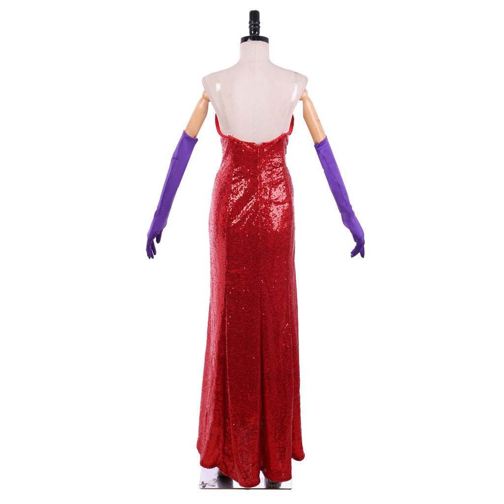Robe Cosplay Jessica Rabbit Rouge Pailletée avec Fente Haute et Gants Violets