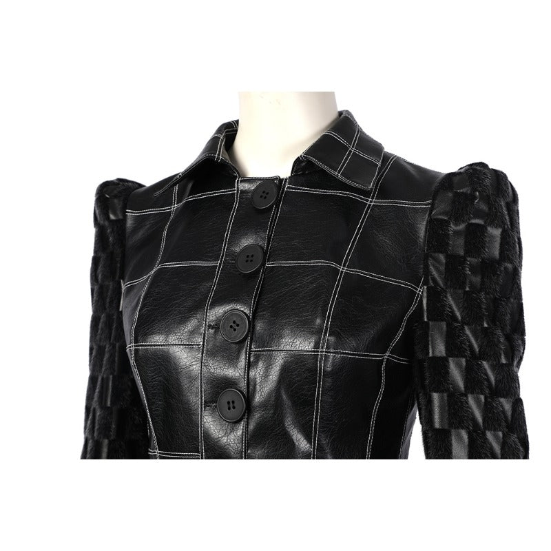 Costume Cruella Deville Robe Femme avec Veste en Cuir Noir et Perruque pour Halloween