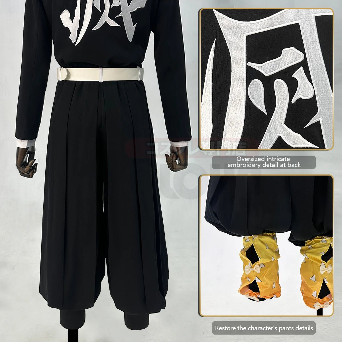 Costume Cosplay Agatsuma Zenitsu de Demon Slayer - Perruque, Haori Brodé, Pantalon Élastique, Ceinture et Filet Rose - Idéal pour Halloween, Noël