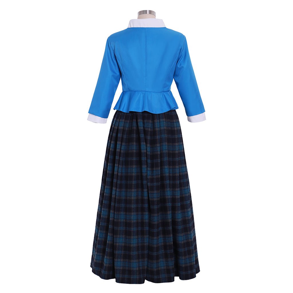 Costume Cosplay Claire Outlander - Robe Écossaise Haute Bleue avec Jupe Plissée