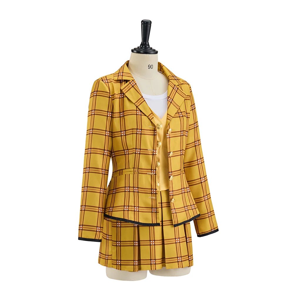 Costume Cosplay Cher Horowitz de Clueless - Uniforme Scolaire Jaune a Carreaux - Veste T-Shirt Gilet Jupe
