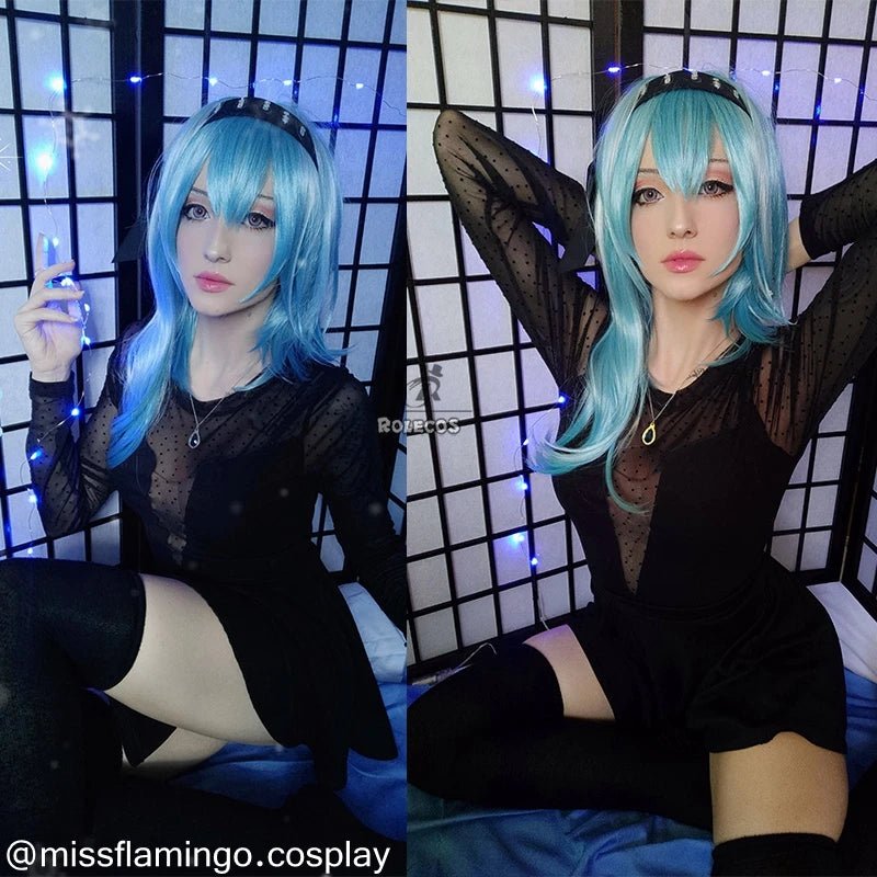Perruque Cosplay Jeu Genshin Impact Eula 50cm Bleu Accessoire Tête Eula Résistante à la Chaleur Cheveux Synthétiques