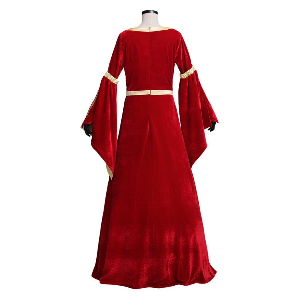 Robe Médiévale en Velours Rouge et Jaune à Manches Trompette | Costume pour Mariage et Fêtes Fantaisie