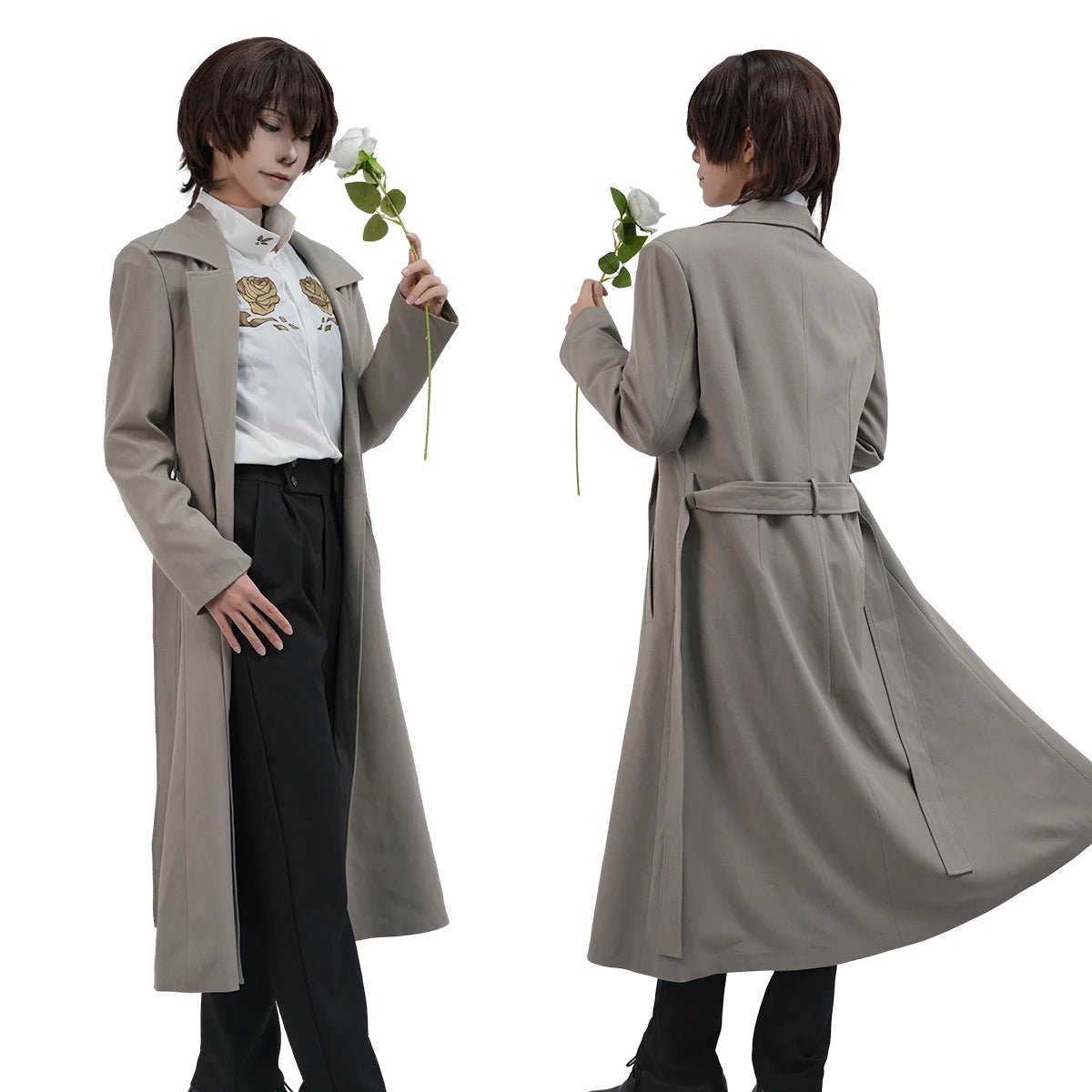 Costume Cosplay Dazai Osamu Bungo Stray Dogs 10e Anniversaire avec Perruque, Manteau Doublé, Pantalon et Chemise - Idéal pour Halloween, Noël ou Quotidien