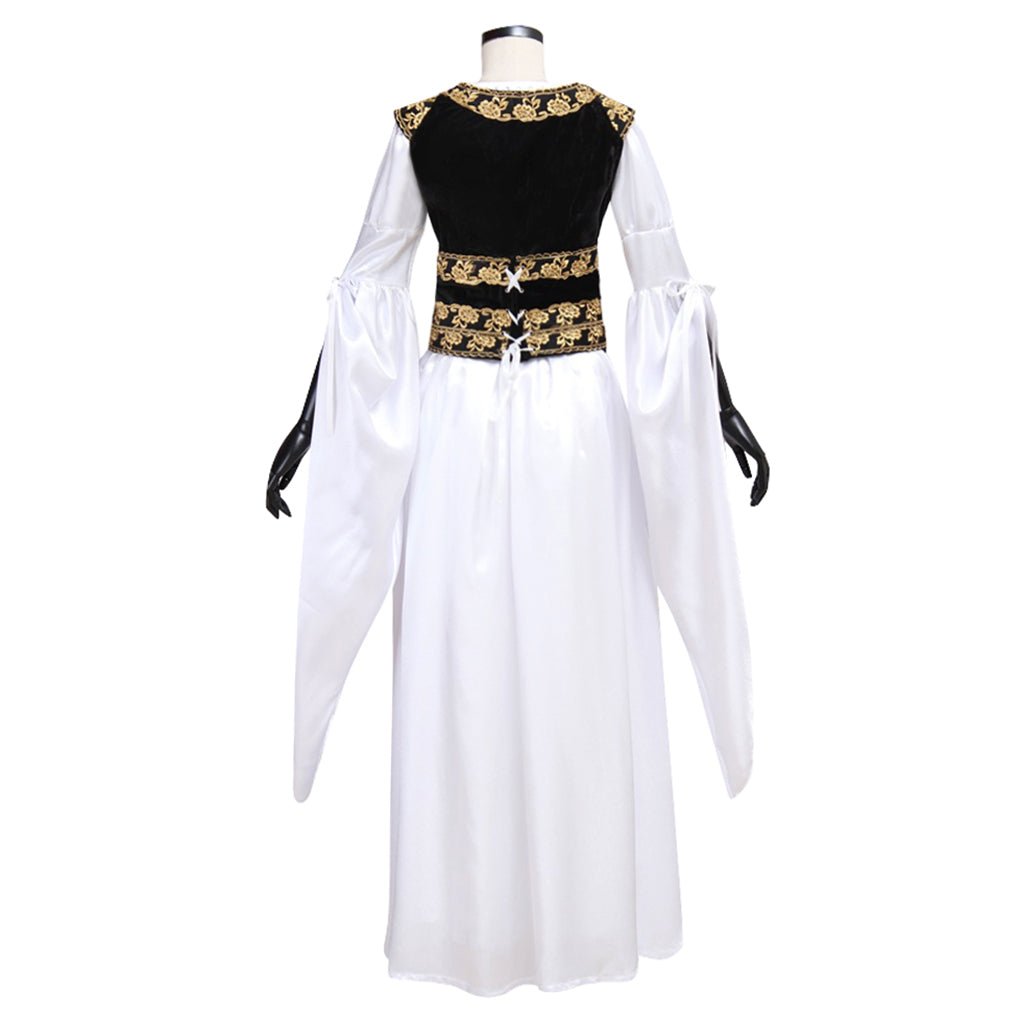 Robe médiévale blanche avec gilet noir costume cosplay personnalisé pour adultes Halloween Carnaval