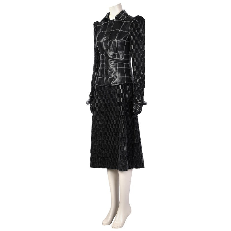 Costume Cruella Deville Robe Femme avec Veste en Cuir Noir et Perruque pour Halloween
