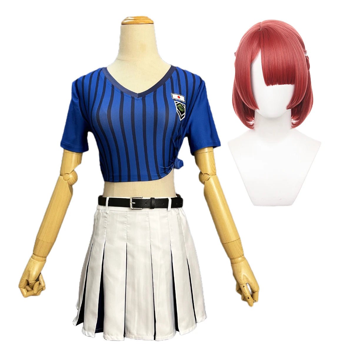 Costume Cosplay Anri Teieri Blue Lock - Équipe de Cheerleading - T-shirt à rayures, Jupe, Bas et Perruque Synthétique Rose