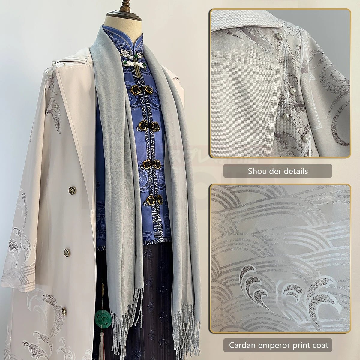 Costume Cosplay Marius des Larmes de Themis - Manteau Roi, Costume Tang, Écharpe, Jupe Longue, Boucles d'Oreilles